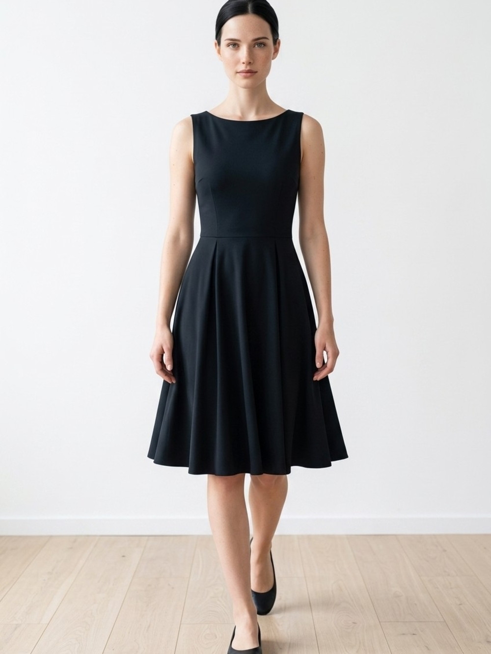 Elegant Black Sleeveless Midi Dress with Flared Skirt